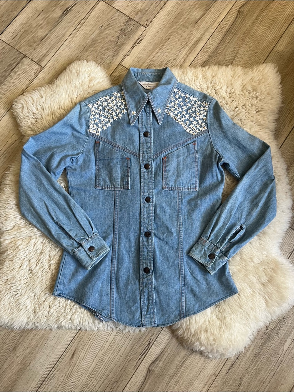 Vintage JCPenny’s Denim Shirt with Hand Embroidered Flowers